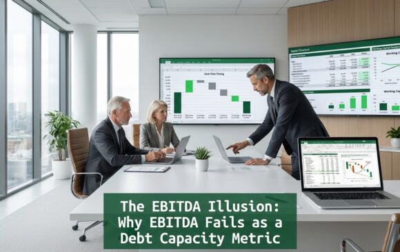 Executive finance team analyzing cash flow and debt capacity metrics in a modern office environment