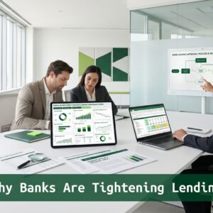 Finance professionals analyzing lending constraints and bank credit tightening in a modern office