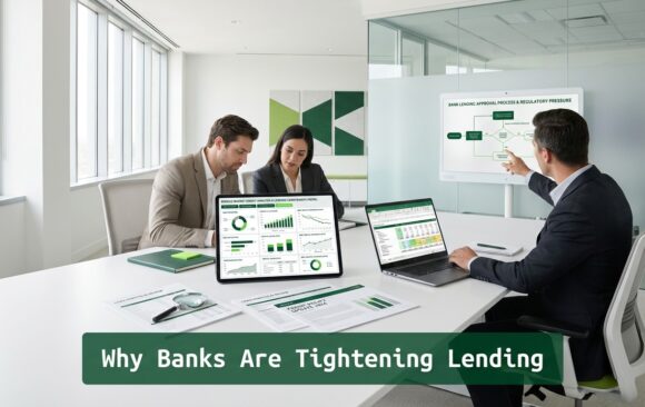 Finance professionals analyzing lending constraints and bank credit tightening in a modern office