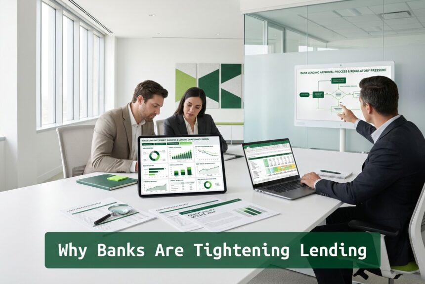 Finance professionals analyzing lending constraints and bank credit tightening in a modern office
