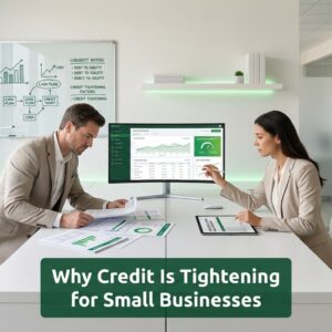 Professionals analyzing small business credit data and financial metrics in a modern office environment