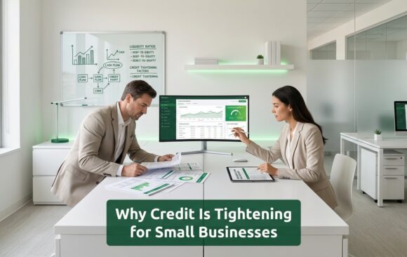 Professionals analyzing small business credit data and financial metrics in a modern office environment