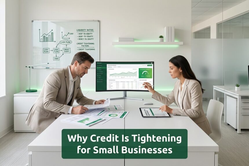 Professionals analyzing small business credit data and financial metrics in a modern office environment
