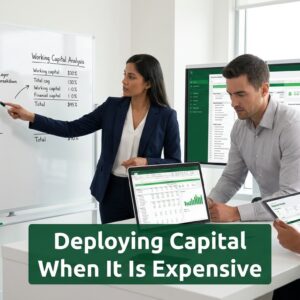 Finance professionals analyzing working capital and capital stack strategy in a modern office environment