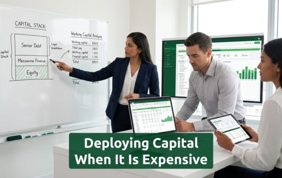 Finance professionals analyzing working capital and capital stack strategy in a modern office environment