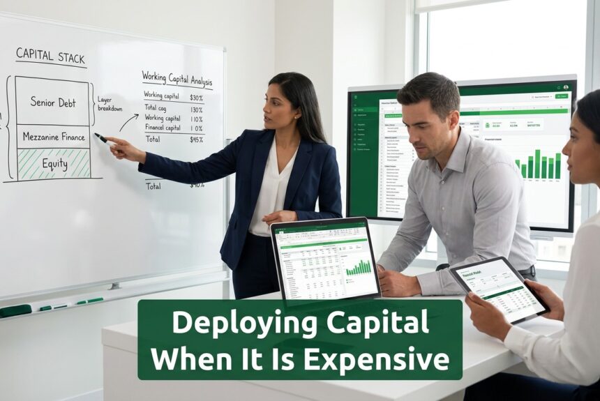 Finance professionals analyzing working capital and capital stack strategy in a modern office environment