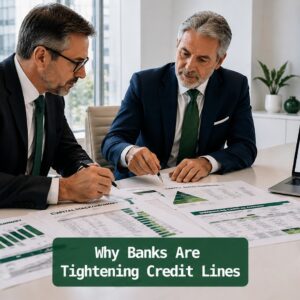 Finance professionals reviewing credit line data and lending scenarios as banks tighten credit availability