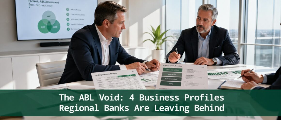 Senior finance professionals reviewing asset-based lending scenarios, capital stack models, and working capital data in a modern conference room
