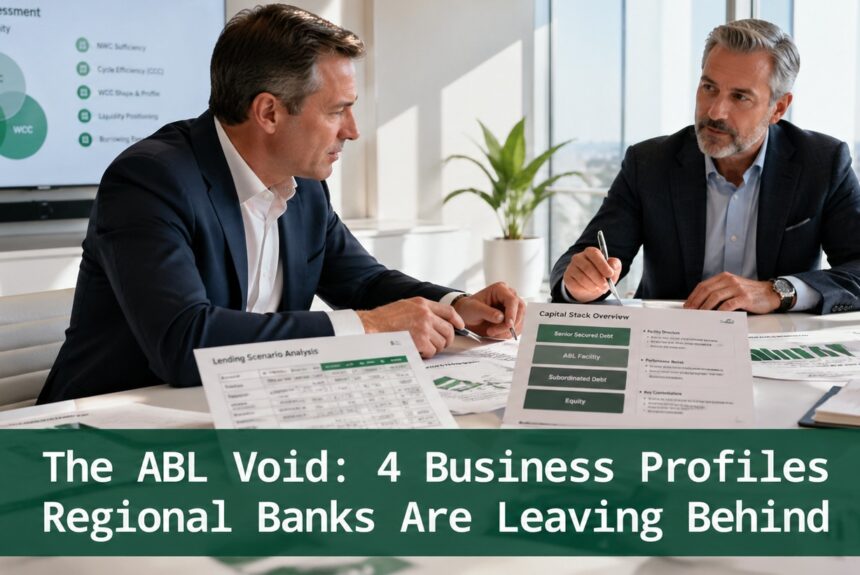 Senior finance professionals reviewing asset-based lending scenarios, capital stack models, and working capital data in a modern conference room