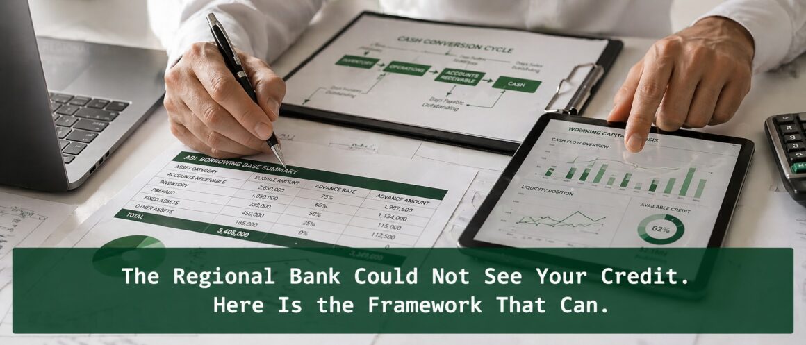 Hands analyzing asset-based lending borrowing base data and cash conversion cycle to size an ABL facility using forensic financial analysis