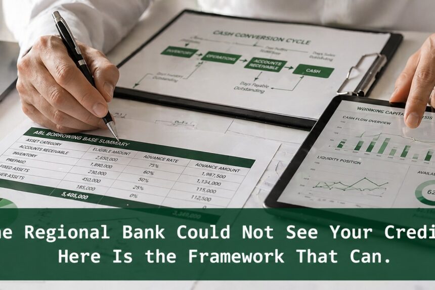Hands analyzing asset-based lending borrowing base data and cash conversion cycle to size an ABL facility using forensic financial analysis