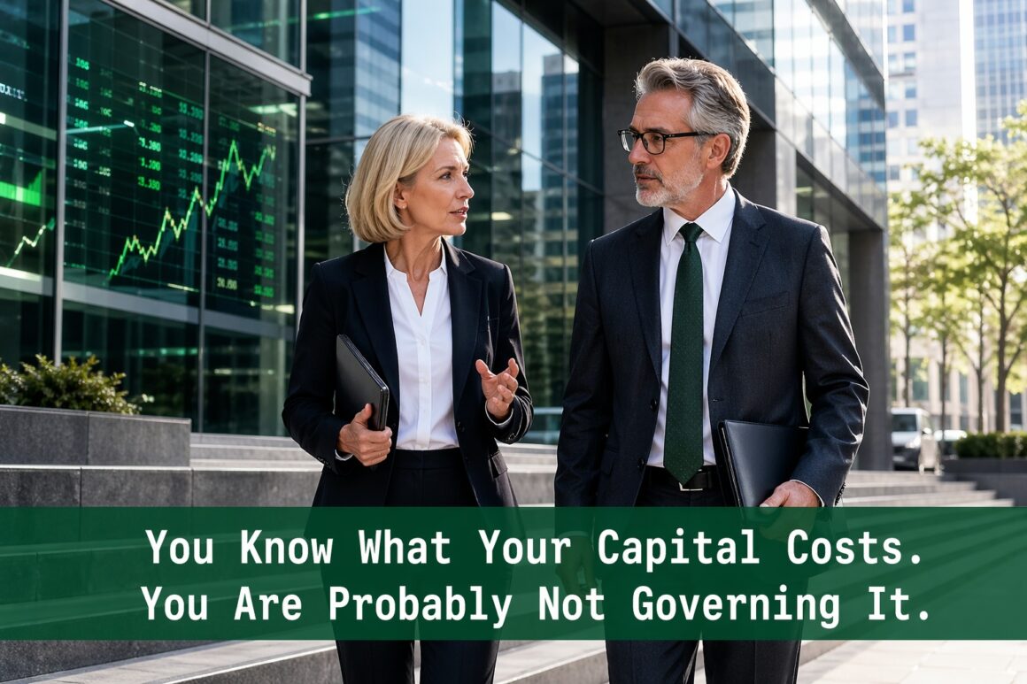 True Cost of Money Governance Framework Senior finance professionals discussing capital governance and cost of capital strategy outside a modern corporate building