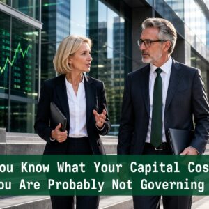 Senior finance professionals discussing capital governance and cost of capital strategy outside a modern corporate building