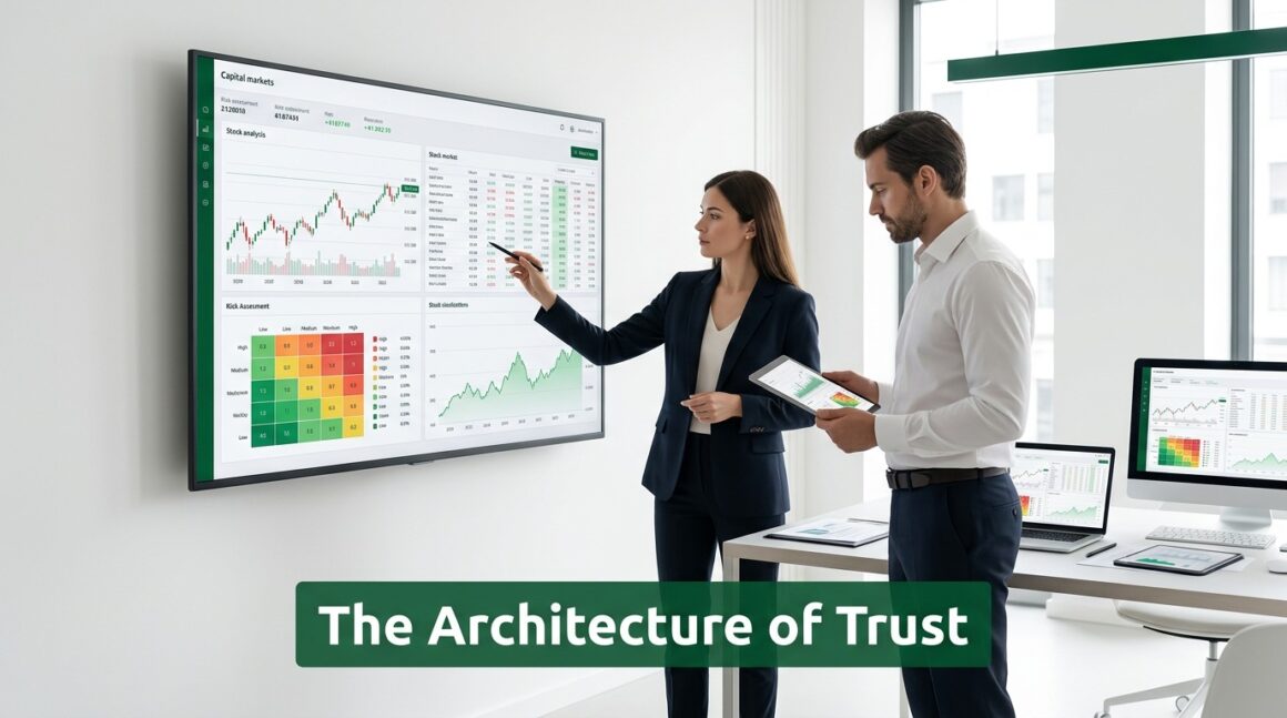 Professionals analyzing financial data in a modern office environment representing trust and capital market strategy