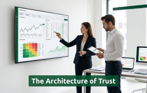 Professionals analyzing financial data in a modern office environment representing trust and capital market strategy