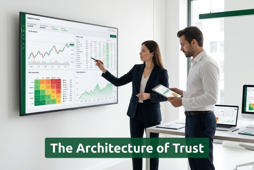 Professionals analyzing financial data in a modern office environment representing trust and capital market strategy