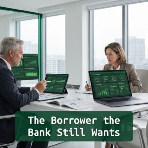 CEO and CFO analyzing financial data and cash flow metrics in a modern office during tightening credit conditions