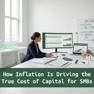Professionals analyzing financial data in a modern office environment illustrating inflation effects on SMB borrowing costs and capital access
