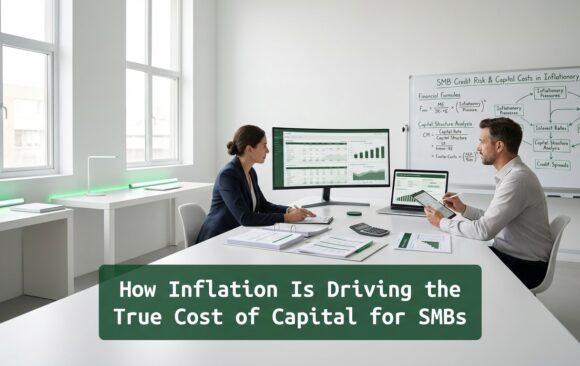 Professionals analyzing financial data in a modern office environment illustrating inflation effects on SMB borrowing costs and capital access