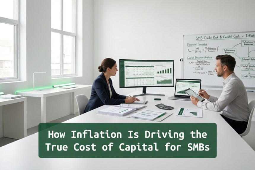 Professionals analyzing financial data in a modern office environment illustrating inflation effects on SMB borrowing costs and capital access