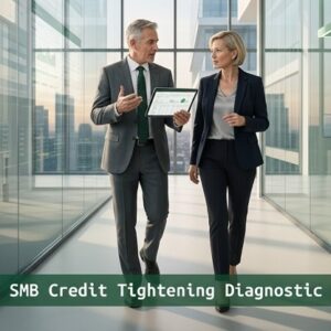 Senior finance professionals analyzing SMB credit tightening and capital strategy in a modern corporate environment