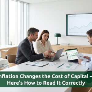 Professionals analyzing financial data on borrowing costs and capital efficiency in a modern office environment