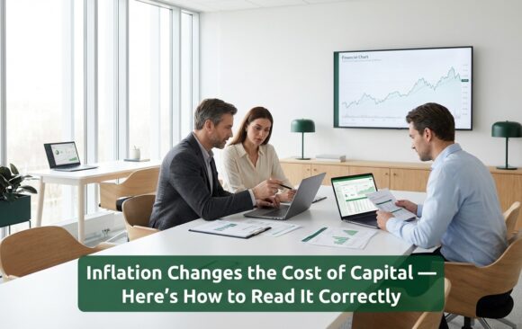Professionals analyzing financial data on borrowing costs and capital efficiency in a modern office environment