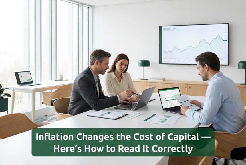 Professionals analyzing financial data on borrowing costs and capital efficiency in a modern office environment
