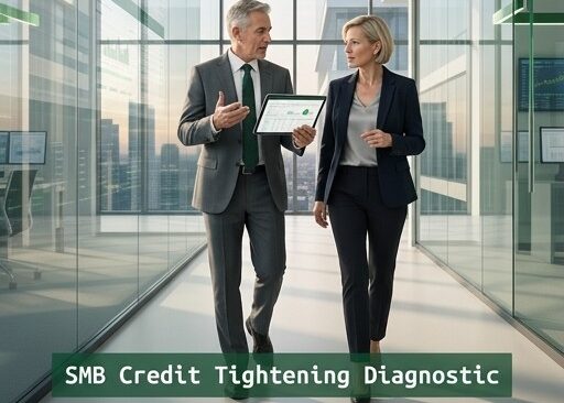 Senior finance professionals analyzing SMB credit tightening and capital strategy in a modern corporate environment