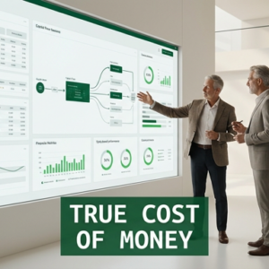 Finance professionals analyzing capital flow and financial models on a digital display in a modern executive workspace