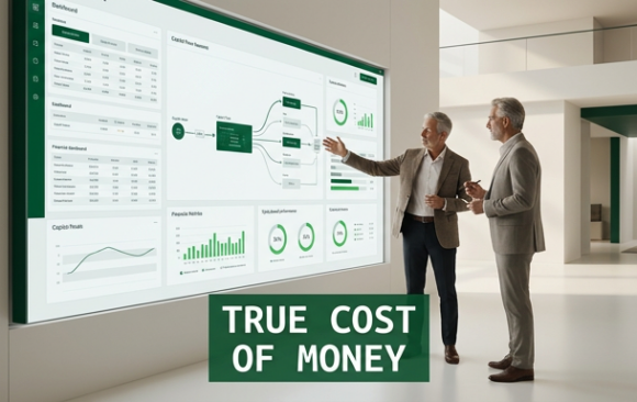 Finance professionals analyzing capital flow and financial models on a digital display in a modern executive workspace