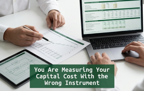 Close-up of finance professionals reviewing operating cycle metrics and capital cost analysis beyond APR using financial documents and digital tools