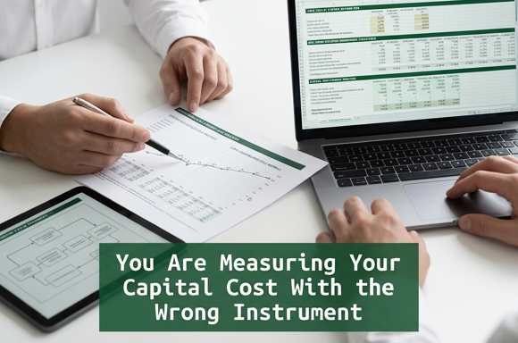 Close-up of finance professionals reviewing operating cycle metrics and capital cost analysis beyond APR using financial documents and digital tools