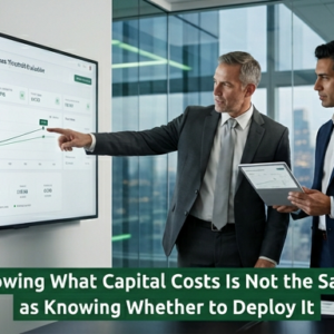 Two senior finance professionals reviewing capital deployment decisions in a modern executive boardroom setting