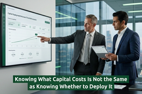 Two senior finance professionals reviewing capital deployment decisions in a modern executive boardroom setting