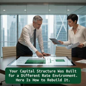 Two senior finance professionals reviewing a velocity-adjusted capital structure redesign in a modern executive boardroom