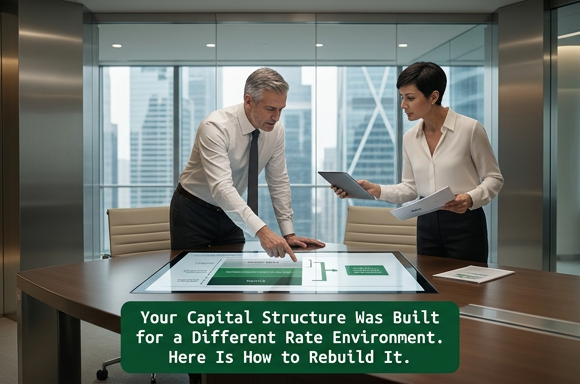 Two senior finance professionals reviewing a velocity-adjusted capital structure redesign in a modern executive boardroom