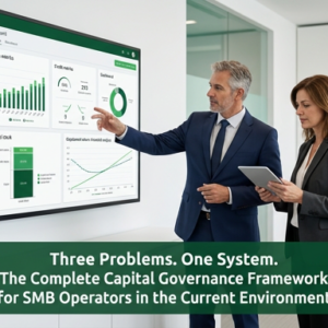 Two finance professionals reviewing charts on credit access, capital cost, and deployment productivity in a modern corporate setting