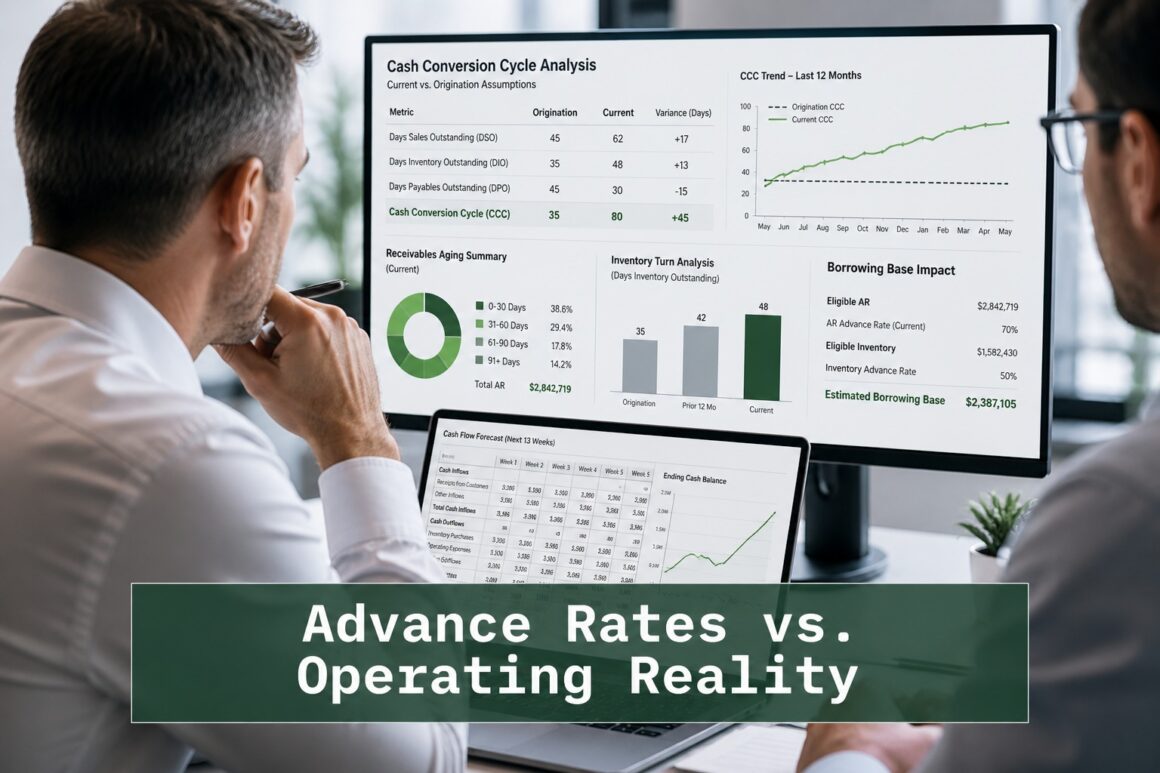 Finance professionals reviewing cash conversion cycle data, receivables aging, and ABL advance rate impact on borrowing base