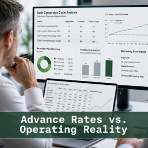 Finance professionals reviewing cash conversion cycle data, receivables aging, and ABL advance rate impact on borrowing base