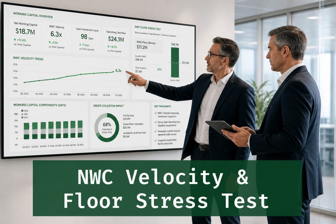 Finance professionals analyzing net working capital velocity and stress test data on a digital dashboard