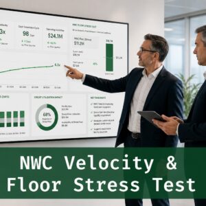 Finance professionals analyzing net working capital velocity and stress test data on a digital dashboard