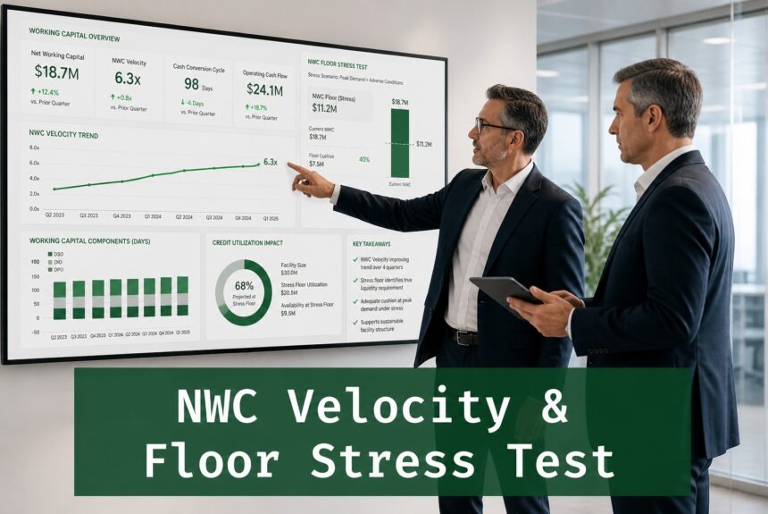 Finance professionals analyzing net working capital velocity and stress test data on a digital dashboard