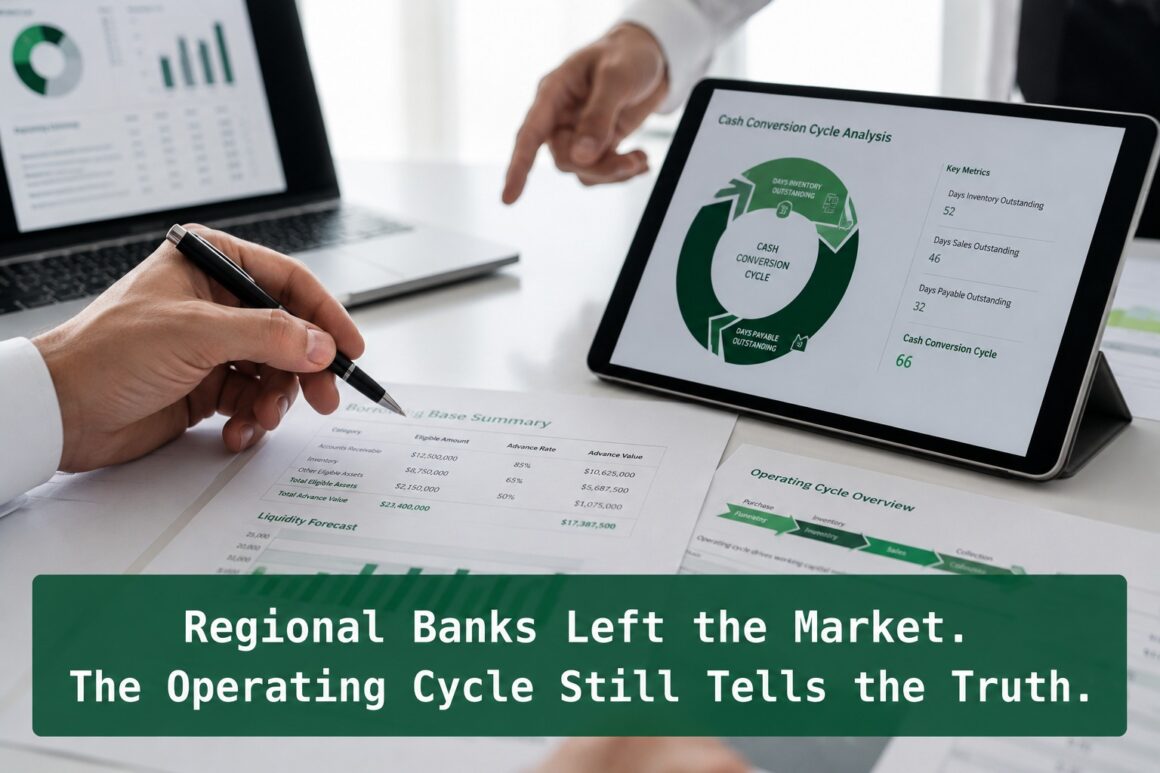 Financial professionals reviewing borrowing base reports and operating cycle analysis related to regional bank ABL withdrawal and forensic lending evaluation