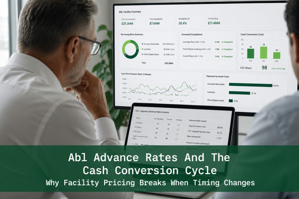 Finance professionals reviewing ABL advance rate analytics and Cash Conversion Cycle timing data on digital financial dashboards