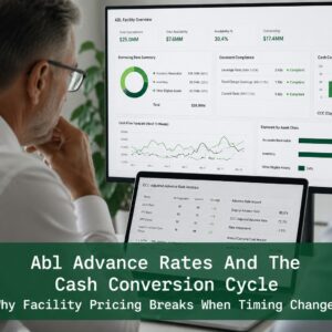 Finance professionals reviewing ABL advance rate analytics and Cash Conversion Cycle timing data on digital financial dashboards
