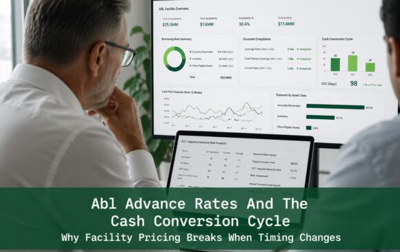 Finance professionals reviewing ABL advance rate analytics and Cash Conversion Cycle timing data on digital financial dashboards
