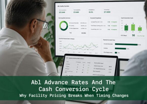 Finance professionals reviewing ABL advance rate analytics and Cash Conversion Cycle timing data on digital financial dashboards