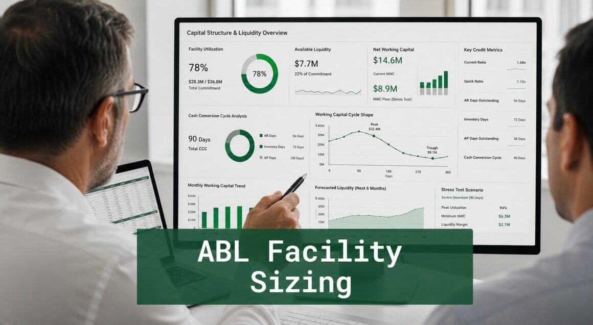 Finance professionals reviewing ABL facility sizing dashboards showing working capital cycle analysis, cash conversion metrics, and borrowing base forecasting