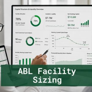 Finance professionals reviewing ABL facility sizing dashboards showing working capital cycle analysis, cash conversion metrics, and borrowing base forecasting